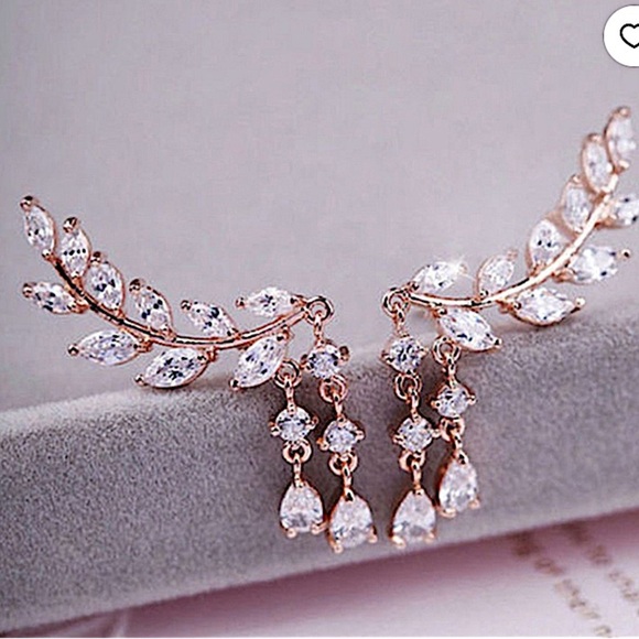 Gold Zircon Leaf Tassel Ear Climber Crystal Rhinestone Earrings - Picture 7 of 10